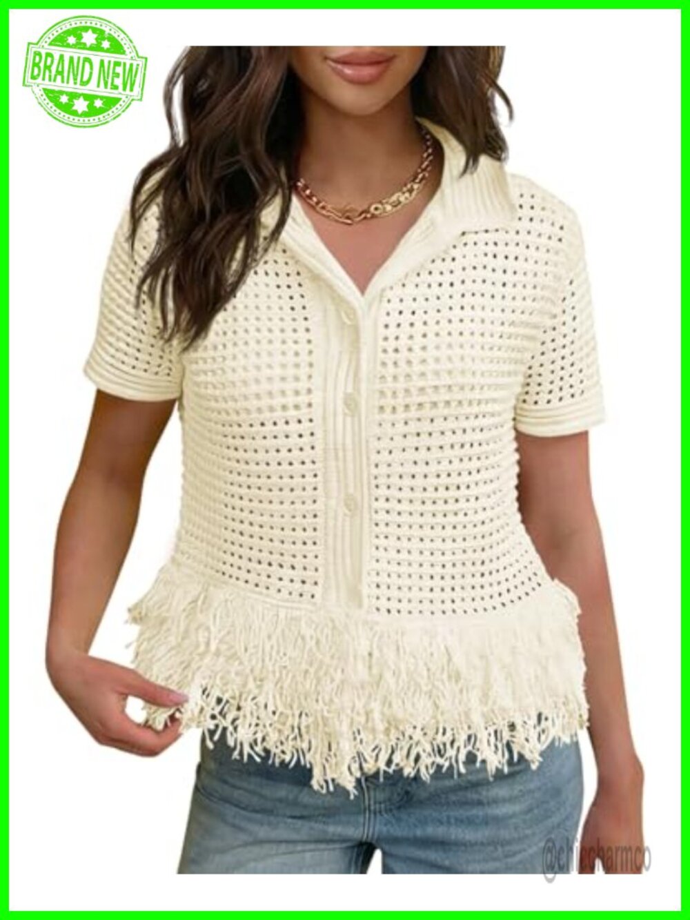 Crochet Knit Cardigan Short Sleeve Button Down Fringe Hem Boho Summer Top